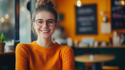 Smiling woman with glasses in cozy café during a special discount event enjoys her time with friends