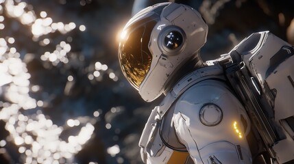 Fototapeta premium Pixel art shows an astronaut floating in space with a backpack