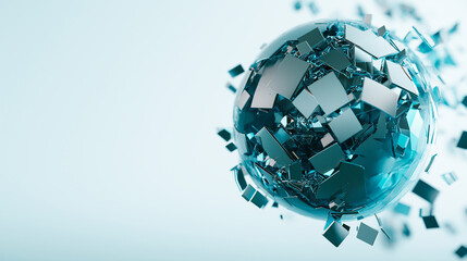 digital abstract representation of planet made of transparent geometric shapes, showcasing dynamic and futuristic design. composition features blend of blue and silver tones, creating sense of