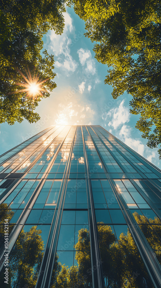 Poster sun shining on a modern glass office building framed by trees with a blue sky and clouds in the back