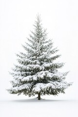 Obraz premium Snow-covered fir tree standing isolated on white background