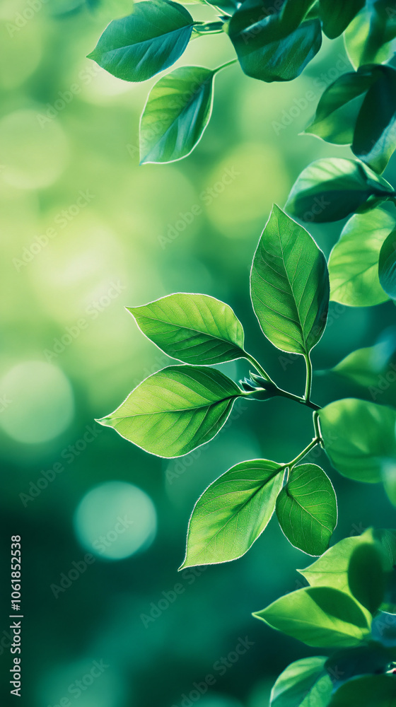 Aufkleber sunlight is illuminating green leaves on tree branch on blurred bright green background