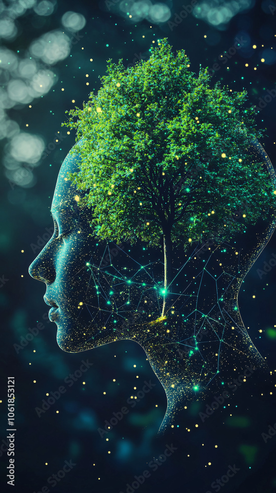 Poster artistic representation of the bond between humans and nature, featuring a tree sprouting from a wom