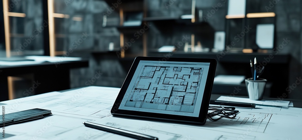 Poster a tablet displaying a floor plan on a desk in an architect's office.
