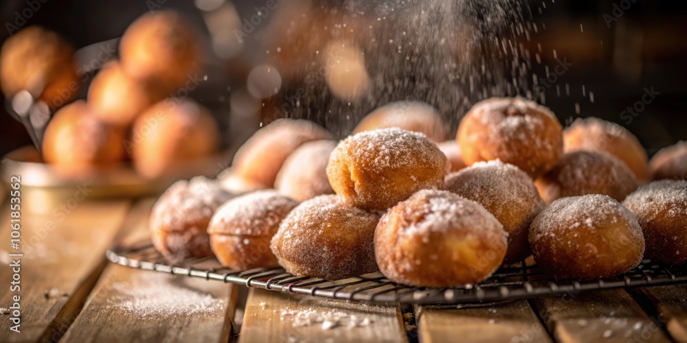 Poster a close-up view of deliciously glazed doughnuts on a cooling rack with powdered sugar drizzling down