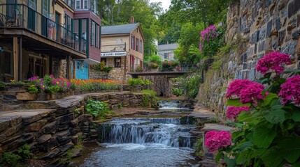 A serene view of a charming village bridge surrounded by blooming flowers and a tranquil stream