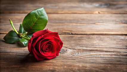 A single red rose placed on a wooden table with a few green leaves, single, botanical, petals, nature, greenery