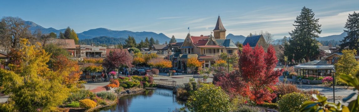 A scenic autumn view of a charming town with colorful foliage and mountains in the background on a clear day