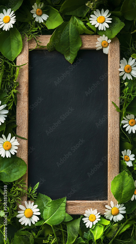 Poster spring concept: fresh green herbs and white daisies surrounding an empty blackboard with copy space