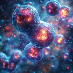 Naklejka premium Abstract microscopic image of glowing cells with a blue and red color scheme.