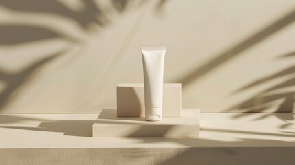 Presentation of two white skincare tubes on a beige surface with soft shadows represents a chic and simple cosmetic display