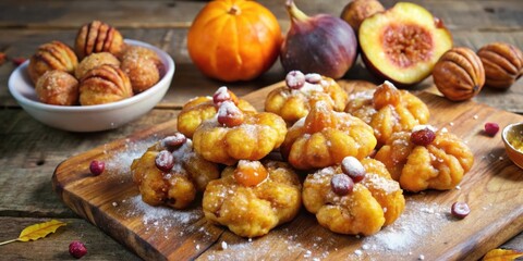 Sweet Doughnuts with Powdered Sugar and Cranberries on a Wooden Cutting Board