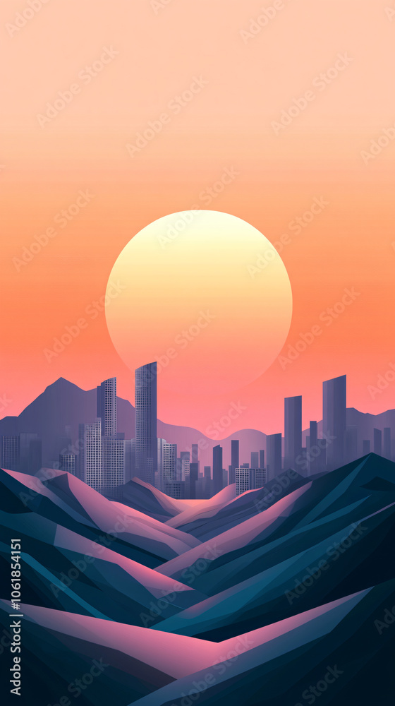 Aufkleber modern cityscape with skyscrapers is emerging from low poly mountains at sunset, creating a captivat