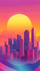 Fototapeta premium Modern city skyline illuminated by the setting sun, featuring bold colors and sleek, geometric architecture