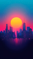 The urban skyline is mirrored in the water at sunset, with a large sun and a vibrant sky