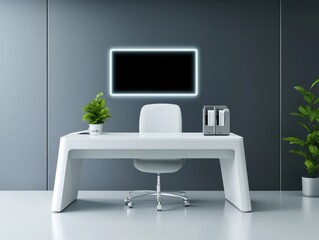 A modern, minimalist office space featuring a sleek white desk, a comfortable chair, and indoor plants against a neutral wall.