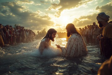 John the Baptist baptizing Jesus in the Jordan River, with Jesus emerging from the water as sunlight breaks through clouds, surrounded by people in ancient Hebrew clothing witnessing the event © GlimmyGlyphs