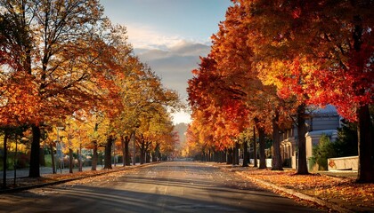 Naklejka premium Autumn scenic asphalt road, with maple trees beside.