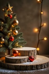 Product Presentation Podium on table and Christmas Tree Background, New Year Advertising Stand with Empty Space for Product
