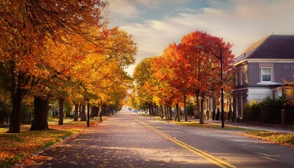 Naklejka premium Autumn scenic asphalt road, with maple trees beside.