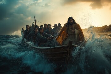 Jesus calming the storm on the Sea of Galilee, standing at the boats front with intense waves around him and disciples looking in awe. © GlimmyGlyphs