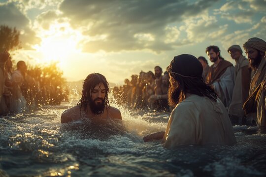 John the Baptist baptizing Jesus in the Jordan River, with Jesus emerging from the water as sunlight breaks through clouds, surrounded by people in ancient Hebrew clothing witnessing the event