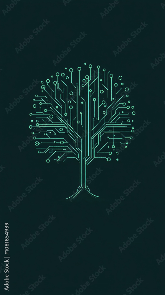 Poster Artificial intelligence, big data, and the internet of things represented by circuit board branches on an electronic tree