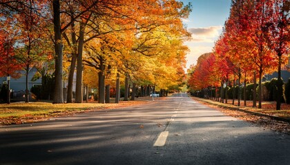 Obraz premium Autumn scenic asphalt road, with maple trees beside.