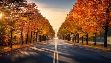 Autumn scenic asphalt road, with maple trees beside.