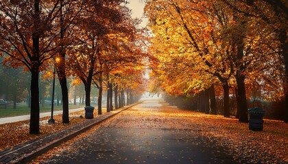 Autumn scenic asphalt road, with maple trees beside.