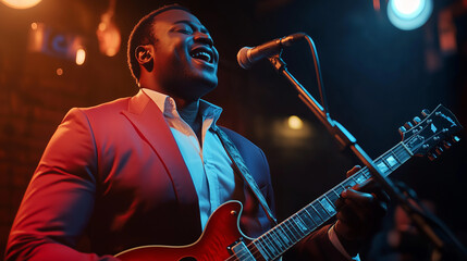 Obraz premium Smoky Speakeasy Jazz Bar with Black Man Playing Guitar in 1960s Style