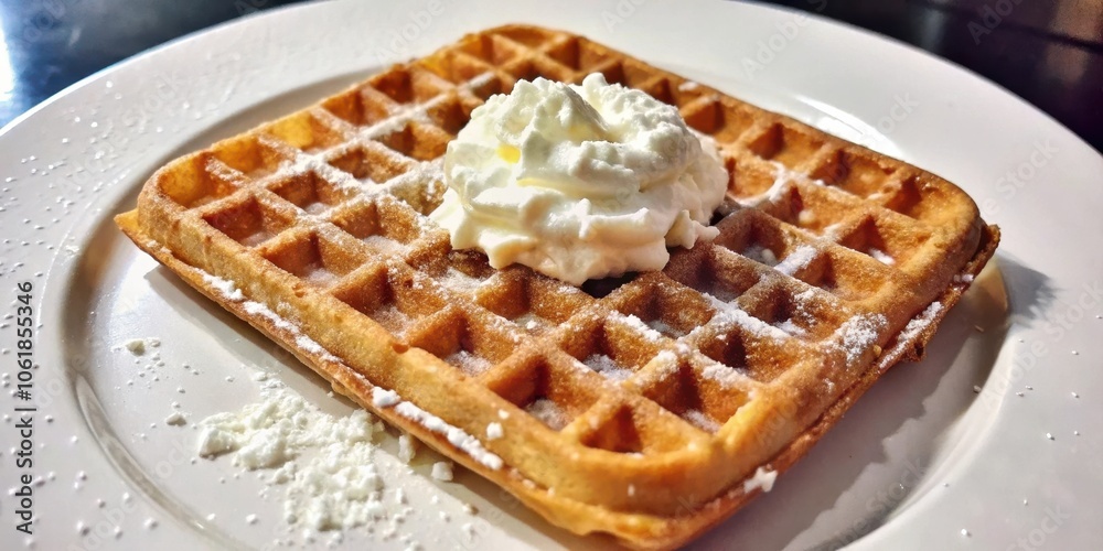 Poster a golden waffle dusted with powdered sugar and topped with a swirl of whipped cream sits on a white 