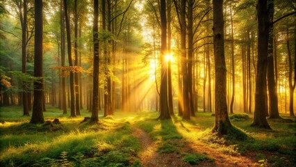 A tranquil forest bathed in golden light awaits the coming night with an air of mystery and intrigue, shadows, nocturnal
