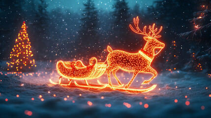Magical illuminated reindeer pulling a sleigh through a snowy forest, perfect for festive holiday themes.