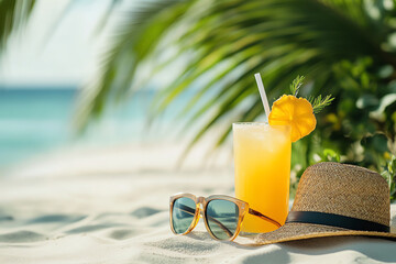 Refreshing tropical drink with a decorative garnish on a sandy beach, surrounded by palm leaves and beach accessories.