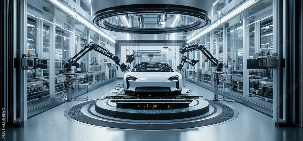 Aufkleber a white car on a rotating platform in a modern factory, surrounded by robotic arms and machinery.