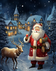 Santa Claus joyfully celebrates Christmas in a snowy village with a reindeer in the enchanting winter night.