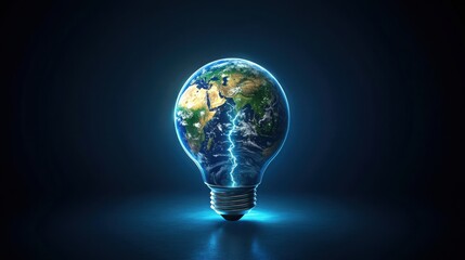 Abstract futuristic light bulb with a glowing Earth inside and lightning on a dark blue background, illustration concept of sustainable development. 