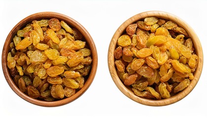 Fototapeta premium Golden yellow raisins in wooden bowl top view isolate on transparency background