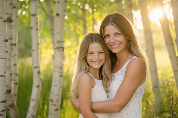 Fototapeta premium Mother and daughter standing together in a sunlit forest, sharing a moment of happiness and connection, surrounded by nature.