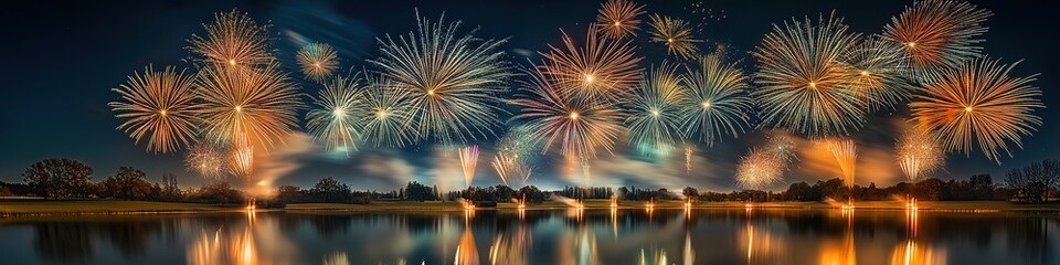 Fototapeta premium Panoramic view of vibrant fireworks display over water