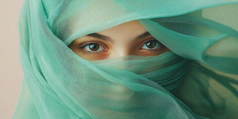 Fototapeta premium Mysterious portrait of a woman in a teal veil with only her eyes visible, evoking a sense of allure and culture.