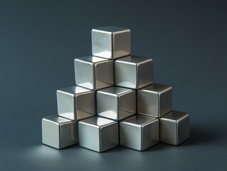 Obraz premium Metallic cubes stacked in a pyramid formation against a dark background, showcasing industrial design and geometry.