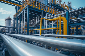 Fototapeta premium Refinery plant equipment for pump pipeline oil and gas valves pressure safety valve selective. Steel long pipes in crude oil factory during. Rack of heat chemical manufacturing 