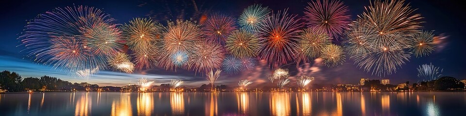 Fototapeta premium Panoramic fireworks display reflected in water