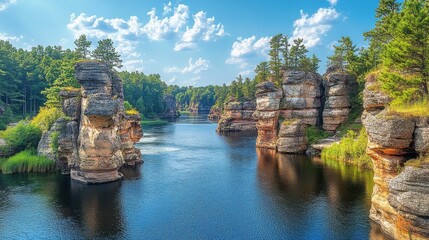 Explore the stunning natural landscapes of the historic Wisconsin Dells on a sunny day near the river