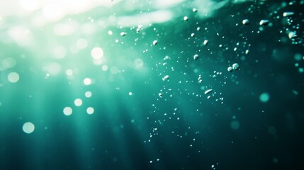 A serene underwater scene with turquoise hues, light rays filtering through water, and scattered bubbles creating a tranquil ambiance.
