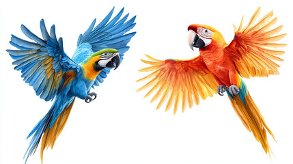 Obraz premium Set of colorful flying macaw parrot, isolated on white background 