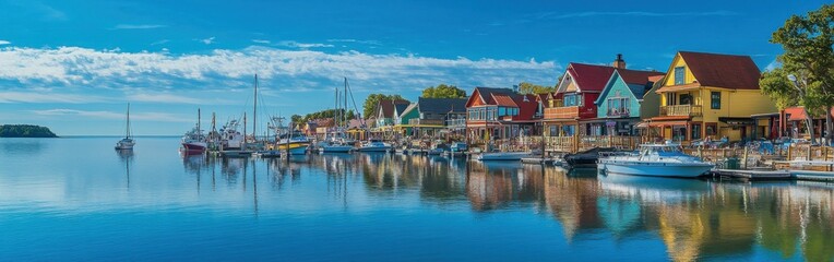 Charming waterfront views of a picturesque town with colorful houses, boats, and a serene sky reflecting in calm waters