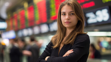 Confident young woman in busy financial trading environment